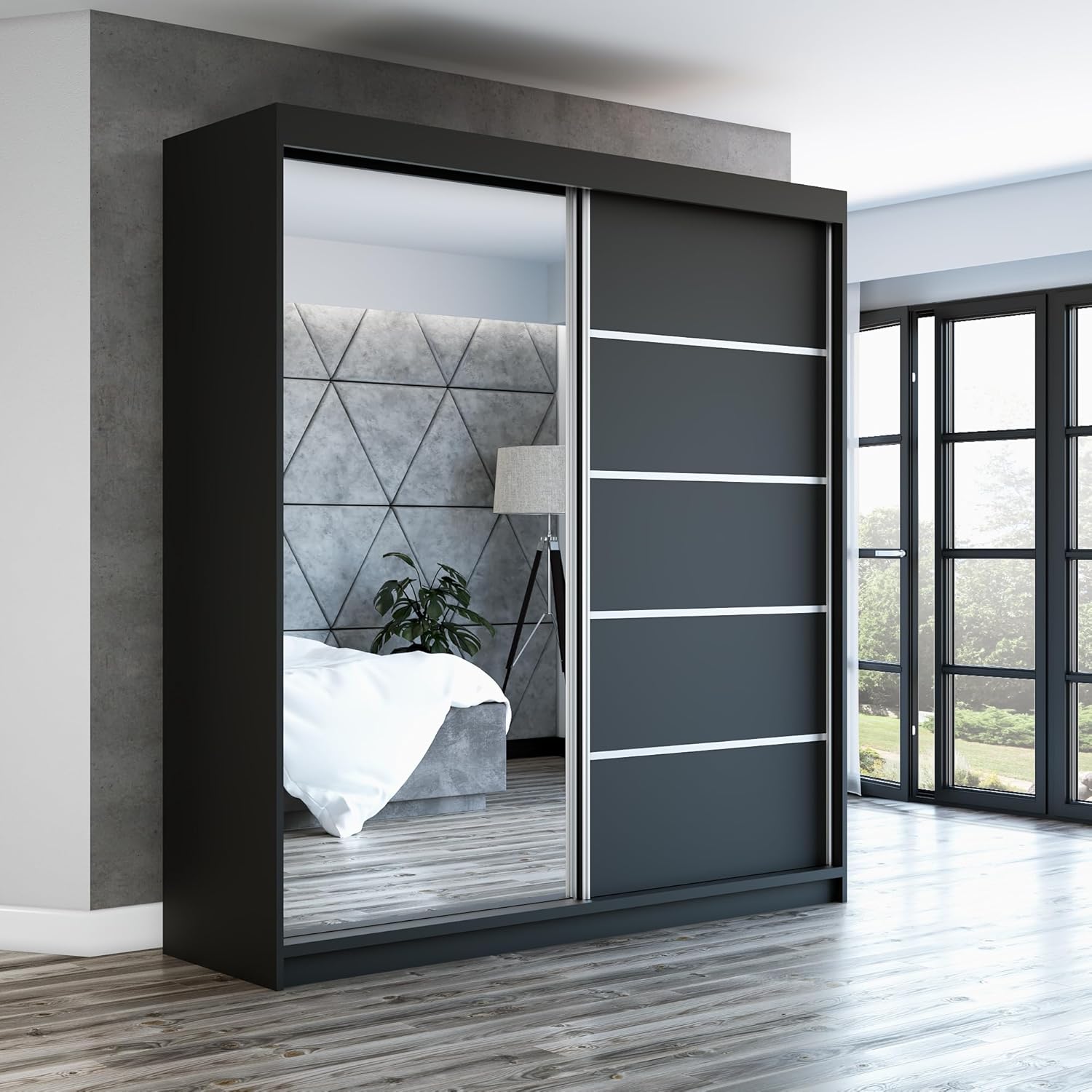 A&J MöbelLand Schwebetürenschrank GAPI Kleiderschrank 2-türig mit Spiegel, Garderobe 180 cm (Schwarz/schwarz/schwarz)