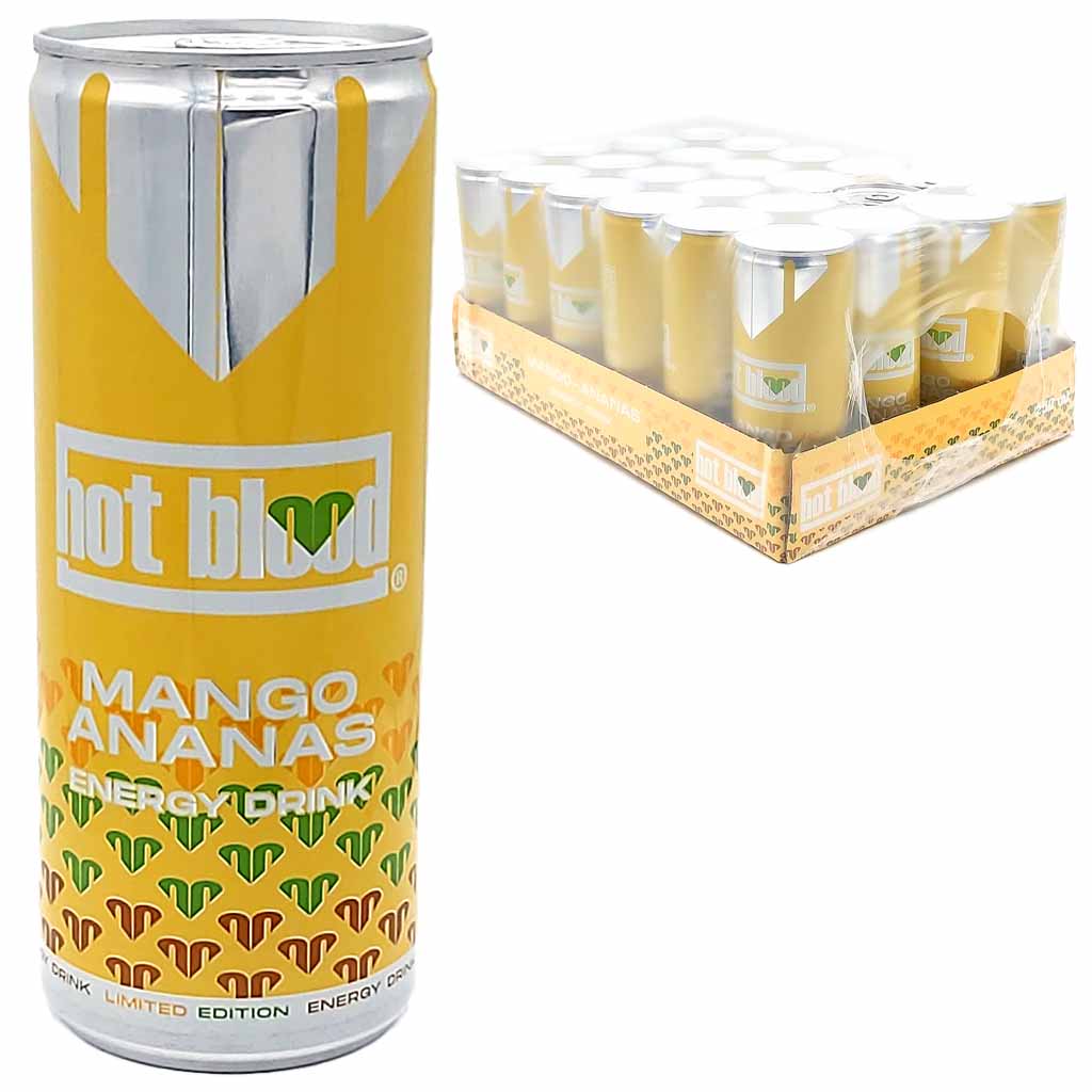 hot blood Energy Drink Mango Ananas Dosen 24 x 250ml MHD:30.8.26