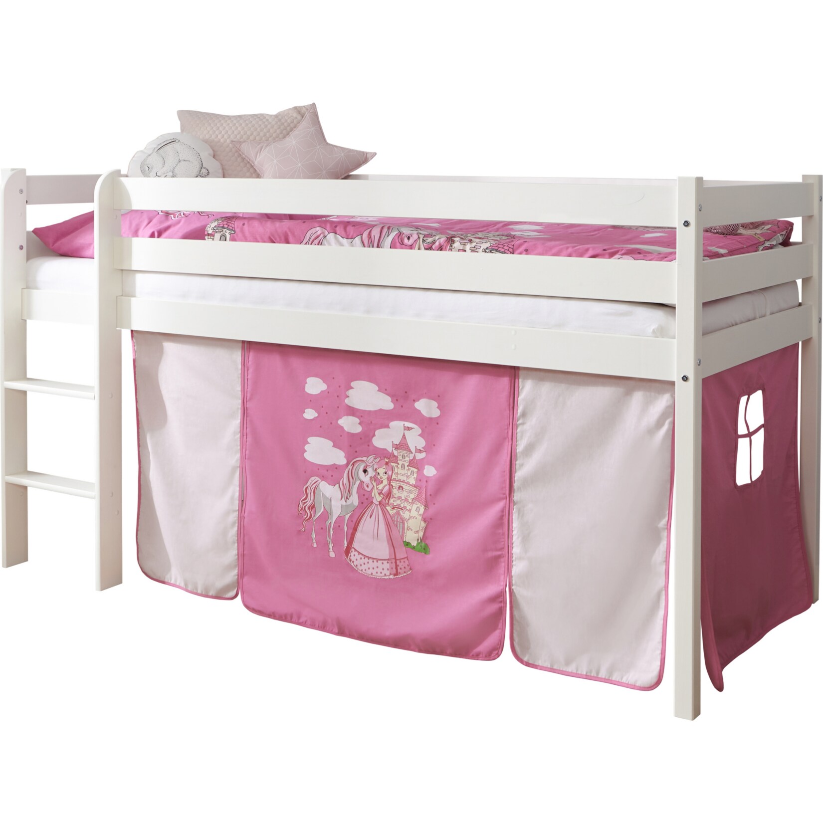 TiCAA Hochbett Kiefer Weiß Vorhang 
