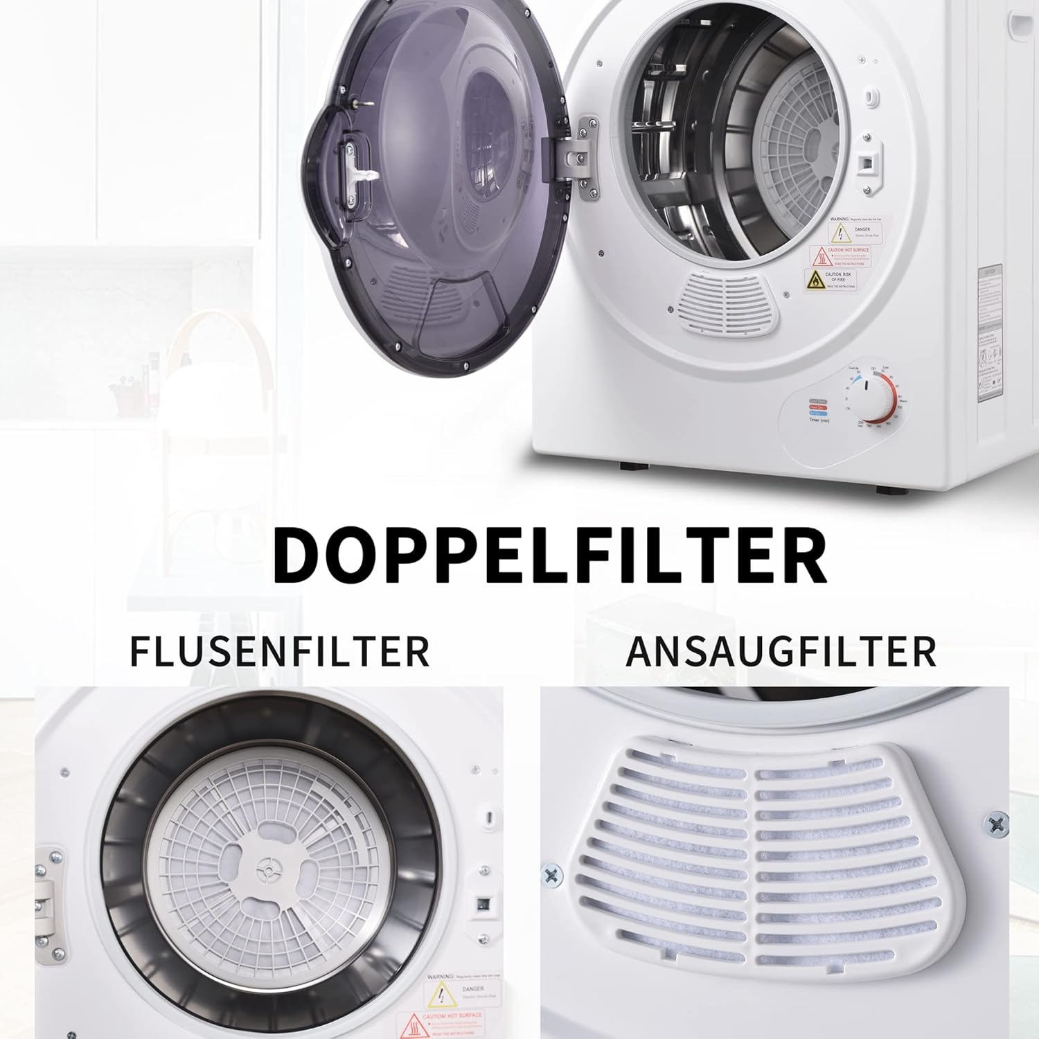 Merax Klein Wäschetrockner, Wandmontierbar Ablufttrockner, Ablufttrockner Wäschetrockner Trommelwaschtrockner, 200-Minuten-Timer|Doppelfilter|850w|2,5 kg, Weiß, 50x42x59cm