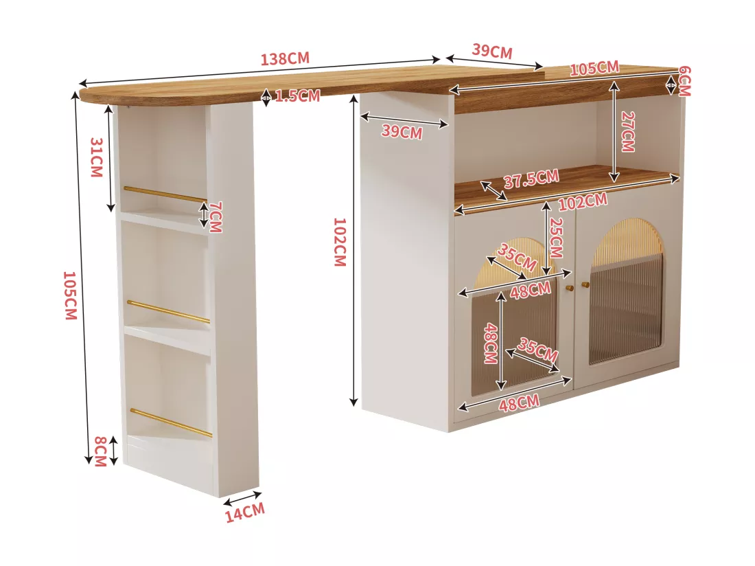 Meuble de bar pivotant - 2 portes, 3 étagères de rangement & niche - MDF plateau effet bois - LEDs - Naturel et blanc