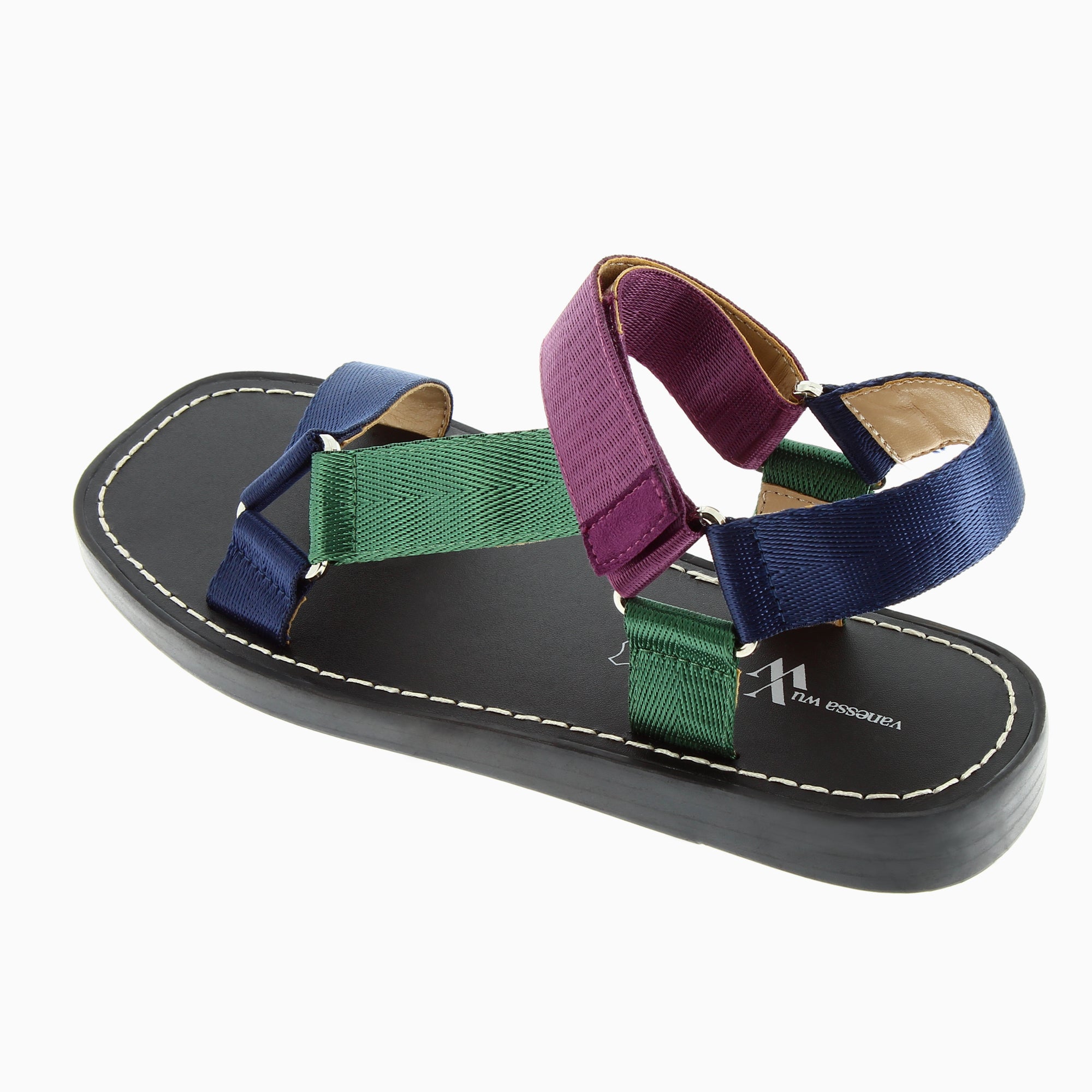 Sandales plates-Sandales plates Laurence en tissus violet, vert et marine
