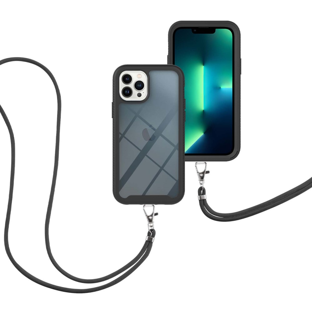 iPhone 15 Pro Hybrid Hülle Shock Proof   Necklace Handykette (130cm) - Schwarz
