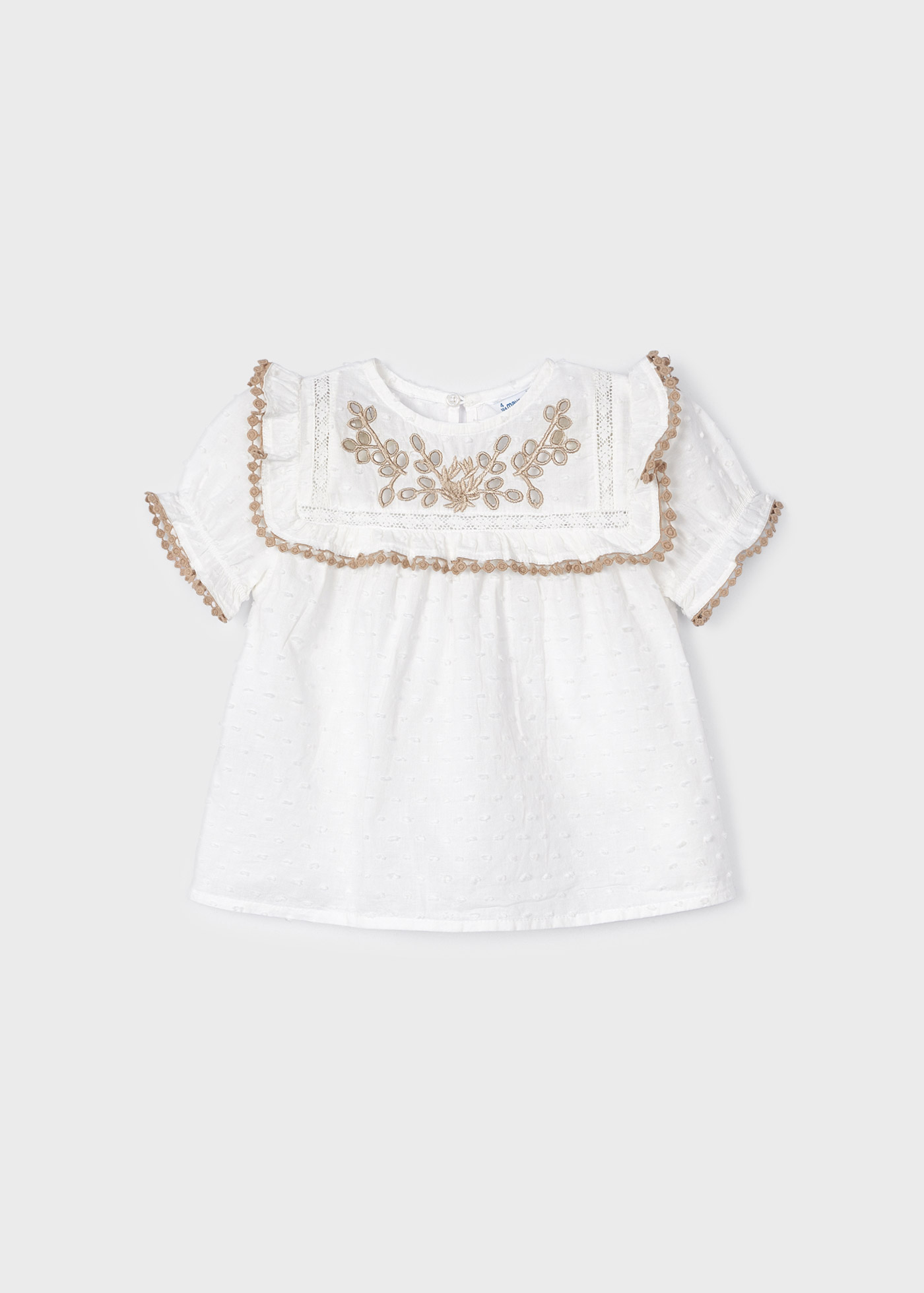 Blusa de algodão de manga curta com bordado plumeti para meninas