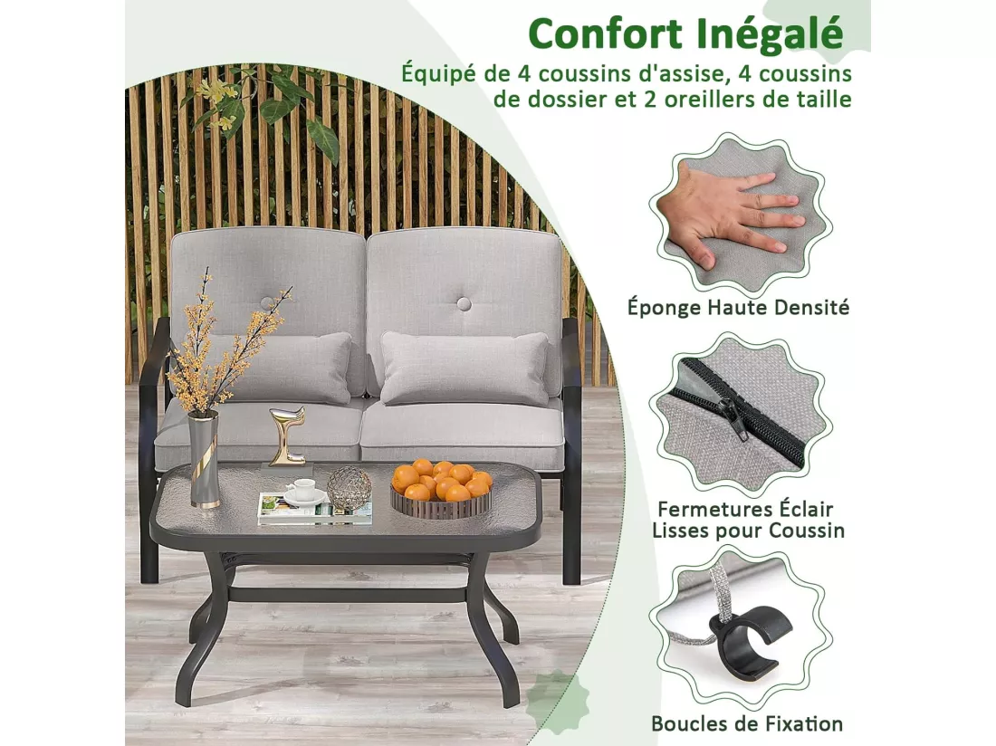Salon de Jardin 4 Pièces avec Table Basse en Verre Trempé et Coussins Charge 300KG, Ensemble de Canapés de Terrasse avec Cadre Métallique 4 Places, pour Patio Balcon Terrasse
