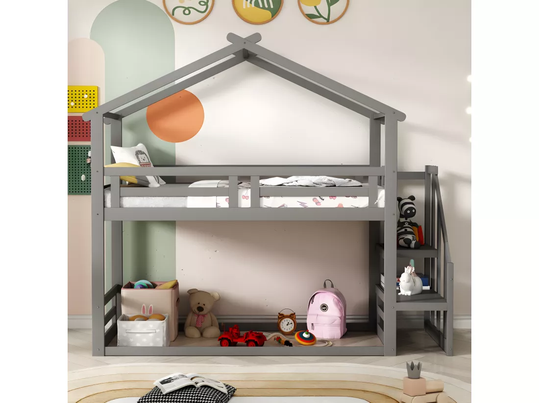 Lit d'enfant 90 * 200cm, lit superposé inférieur avec escalier de sécurité, cadre de lit superposé en bois massif, gris