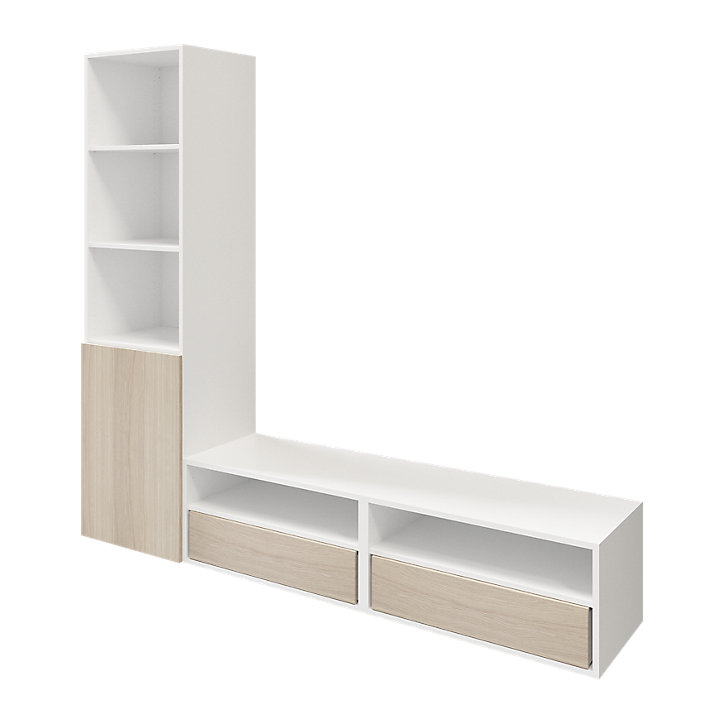Meuble TV blanc et effet chêne 1 porte 2 tiroirs GoodHome Atomia H. 187,5 x L. 200 x P. 47 cm