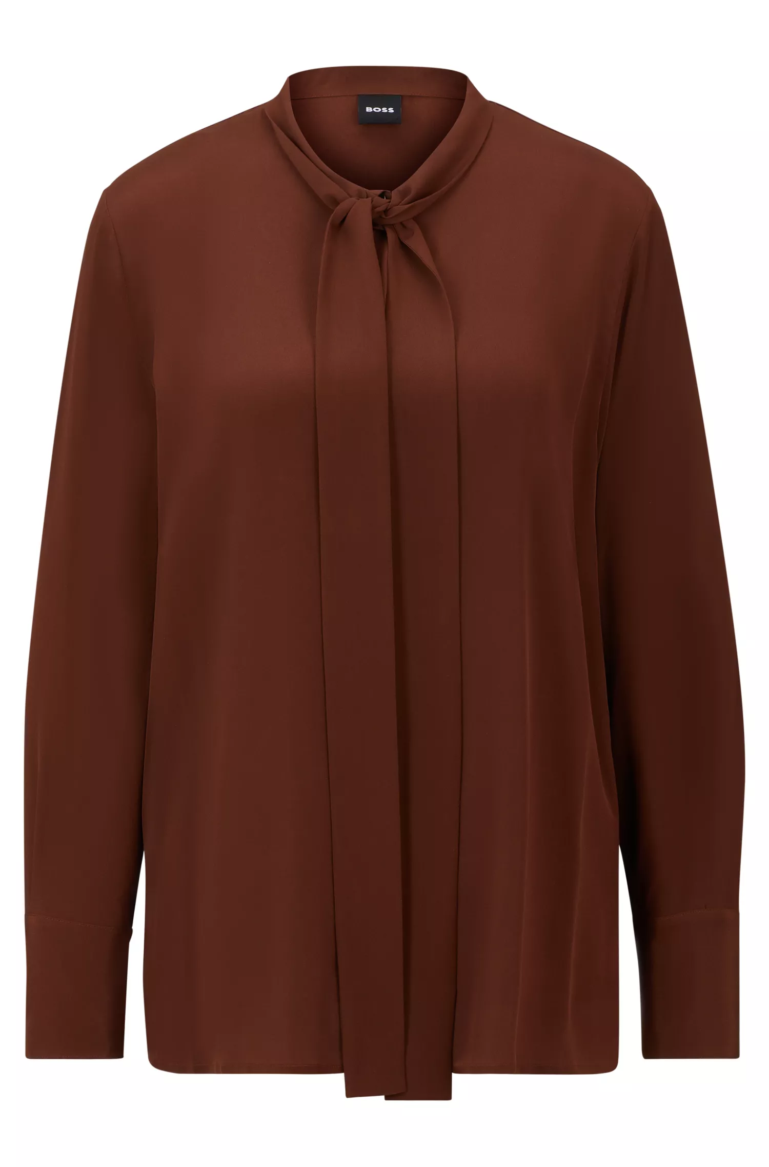 Blusa BOSS preta de modelagem relaxada em seda lavada com gola laço.
