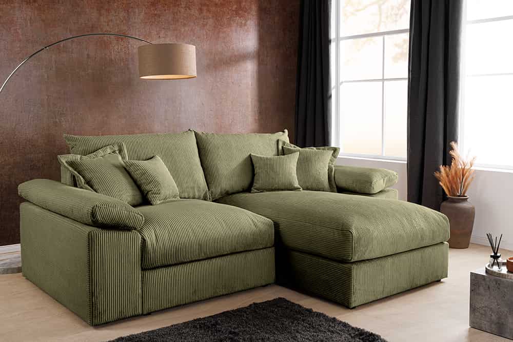 Design Ecksofa ATMOSPHERE XL 245cm grün Cord Federkern inkl. Kissen