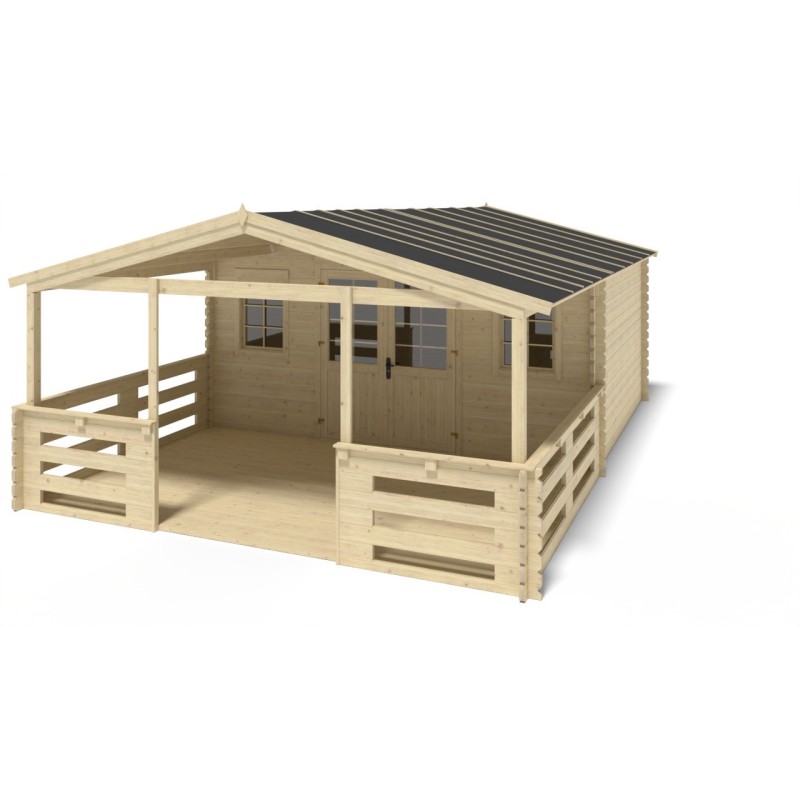Abri de jardin en bois - 5x4 m - 35 m2 + terrasse avec balustrade et avant-toit en bois