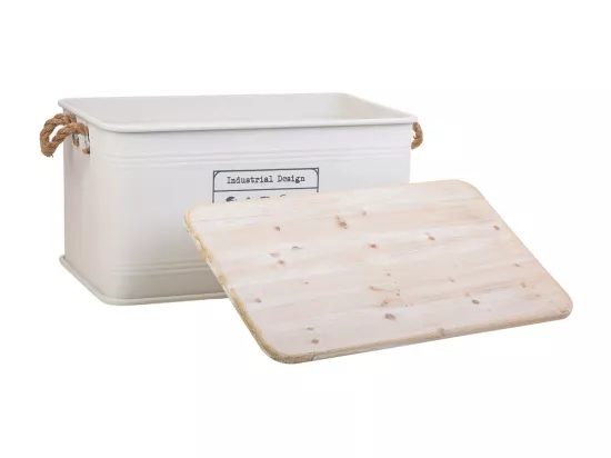 Coffre en métal, couvercle en bois et poignées en corde imprimée blanc 60x38x33h cm