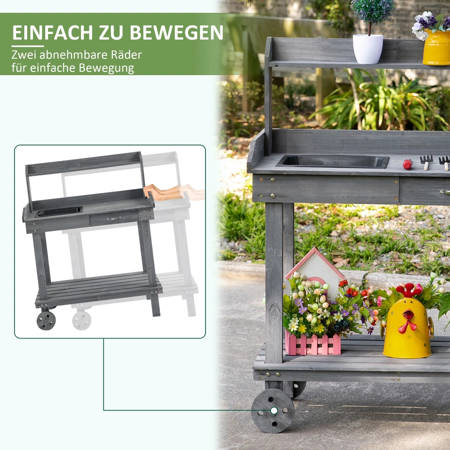 Outsunny Gärtnertisch mit Waschbecken und Rollen grau