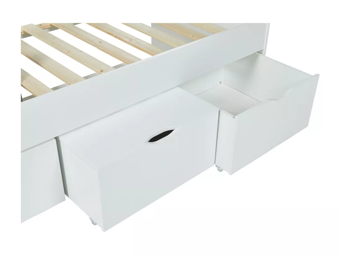 Lit LOUANE avec 2 tiroirs et 1 coffre de rangement - 90 x 190 cm - Blanc + Matelas