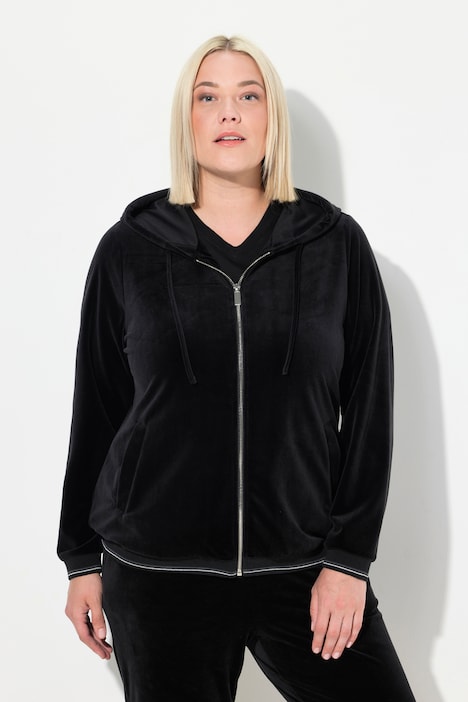 Samt-Sweatjacke, Blüte, Kapuze, Glitzerstreifen-Bündchen
