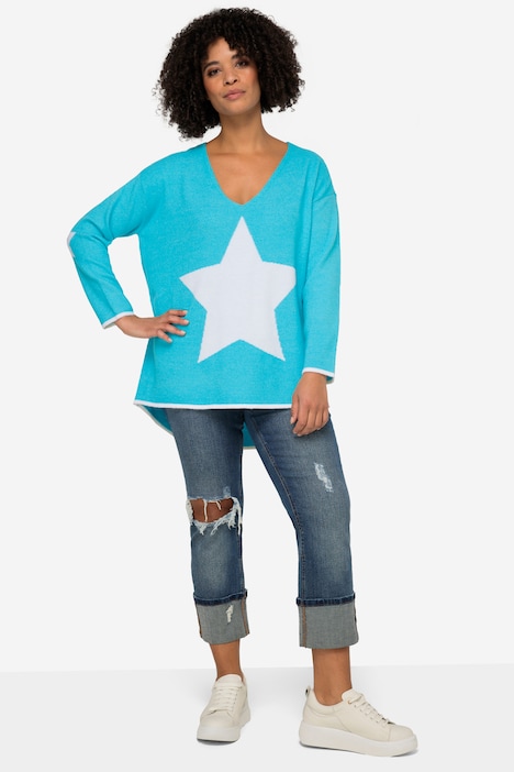 Pullover, oversized, Sterne, V-Ausschnitt, Langarm