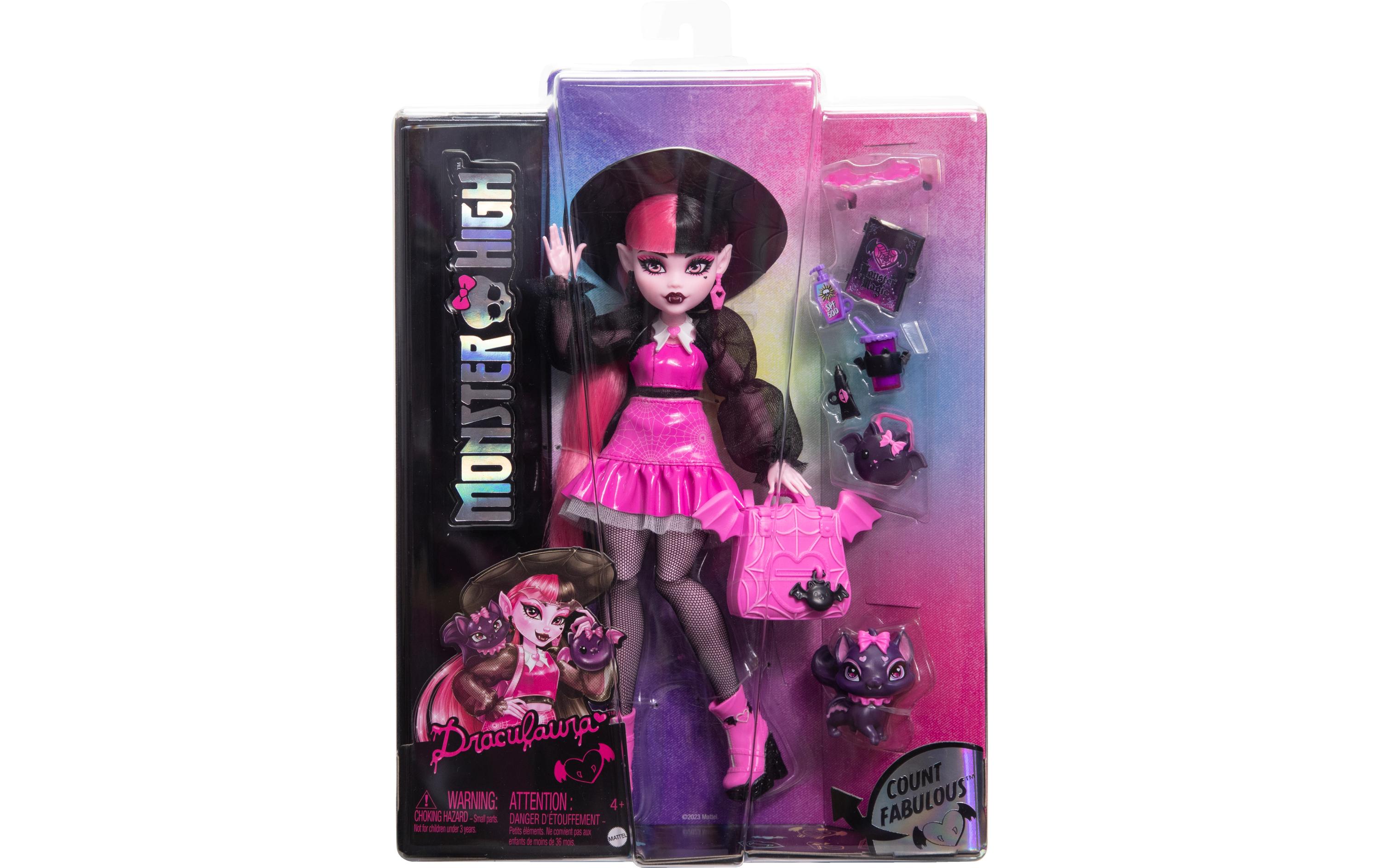 Puppe Monster High DraculauraBezaubernde Vampirin von Kopf bis Fuss in Pink und Schwarz gekleidet