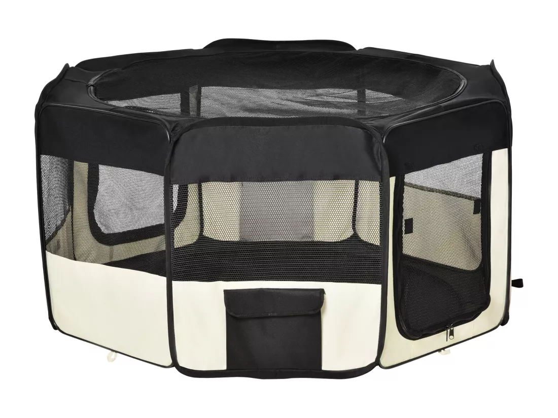Parc enclos pliable chien chat - Ø 120 x 58H cm - acier tissu Oxford - crème noir