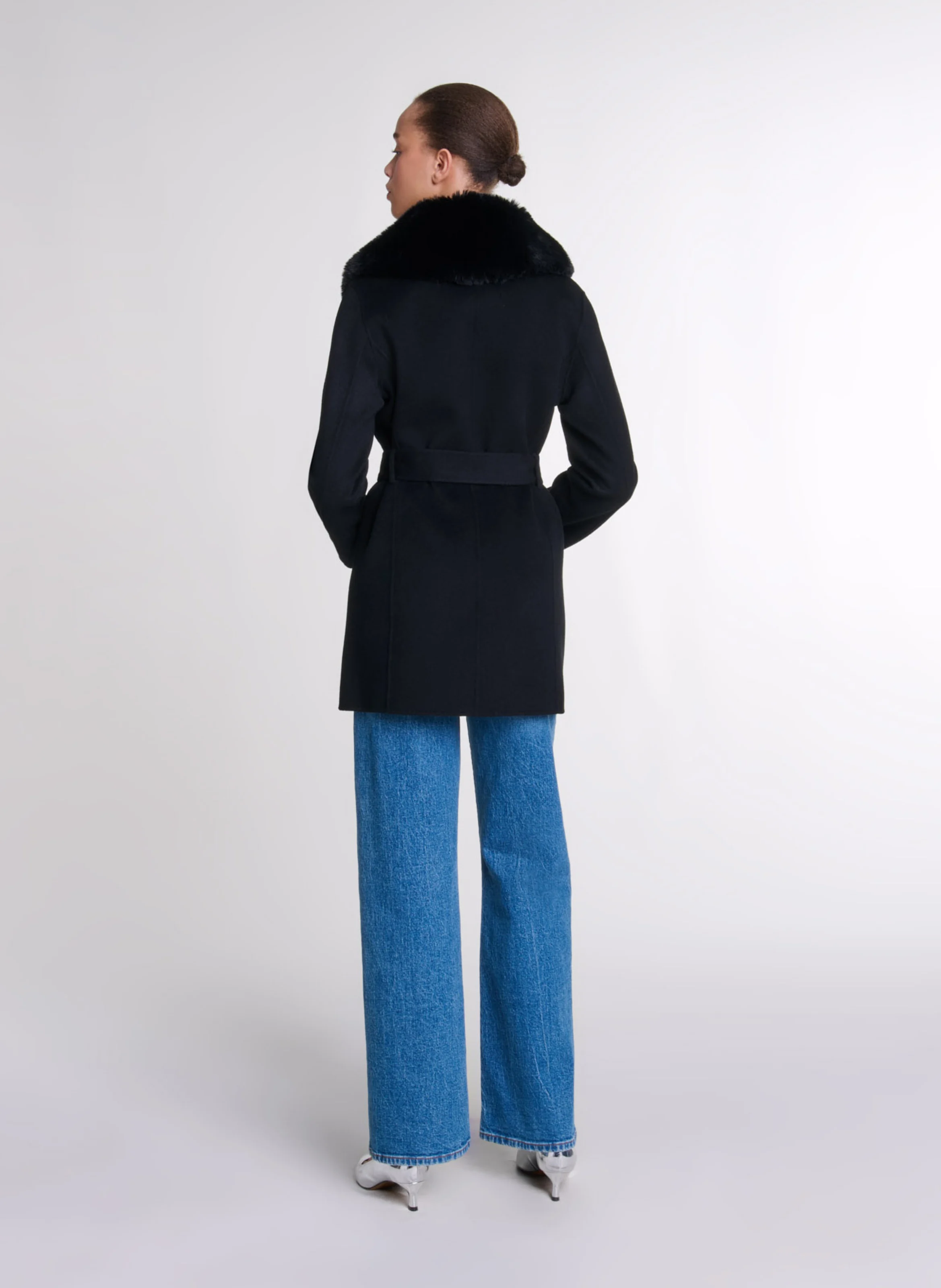 Manteau col effet fourrure en laine mélangée | Noir