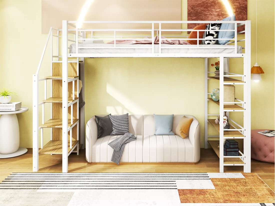 Lit mezzanine 90x200 cm - avec petite armoire et étagères de rangement - Blanc