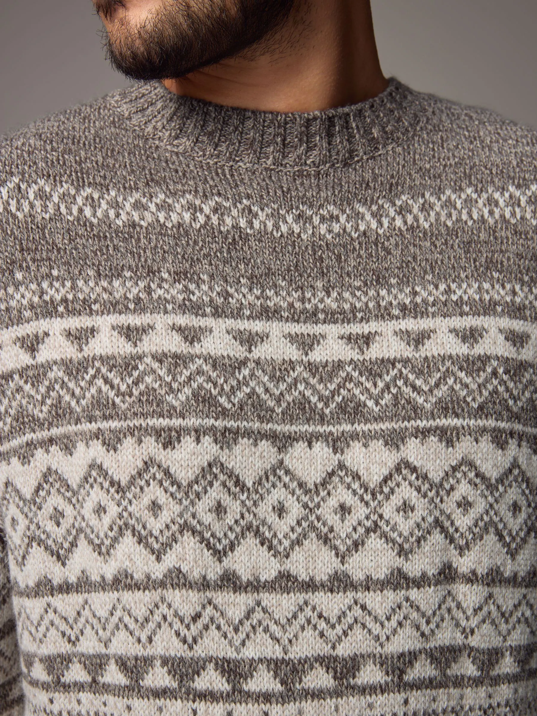 Neutraal/ecru - Ronde hals - Regular-fit trui met fair isle-patroon en wol