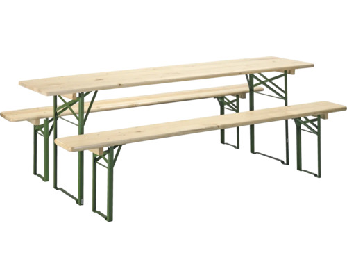 Biertentset, festivaltentset, 3-delig: tafel 220 x 50 cm, banken 220 x 25 cm, sparrenhout, natuurlijk groen