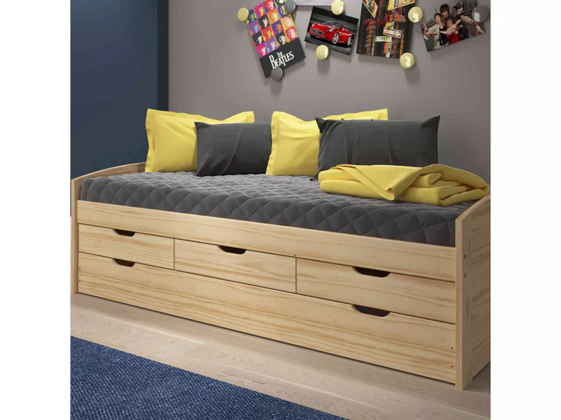 Lit gigogne 3 tiroirs en bois massif imitation chêne clair 90x200 - LT12006