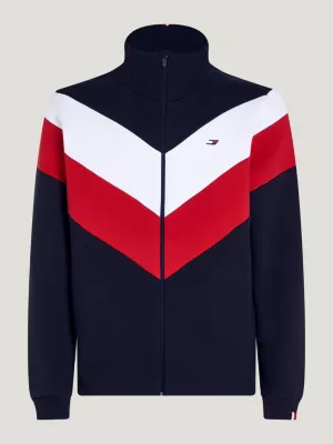 Moletom esportivo com gola alta e zíper frontal em blocos de cores