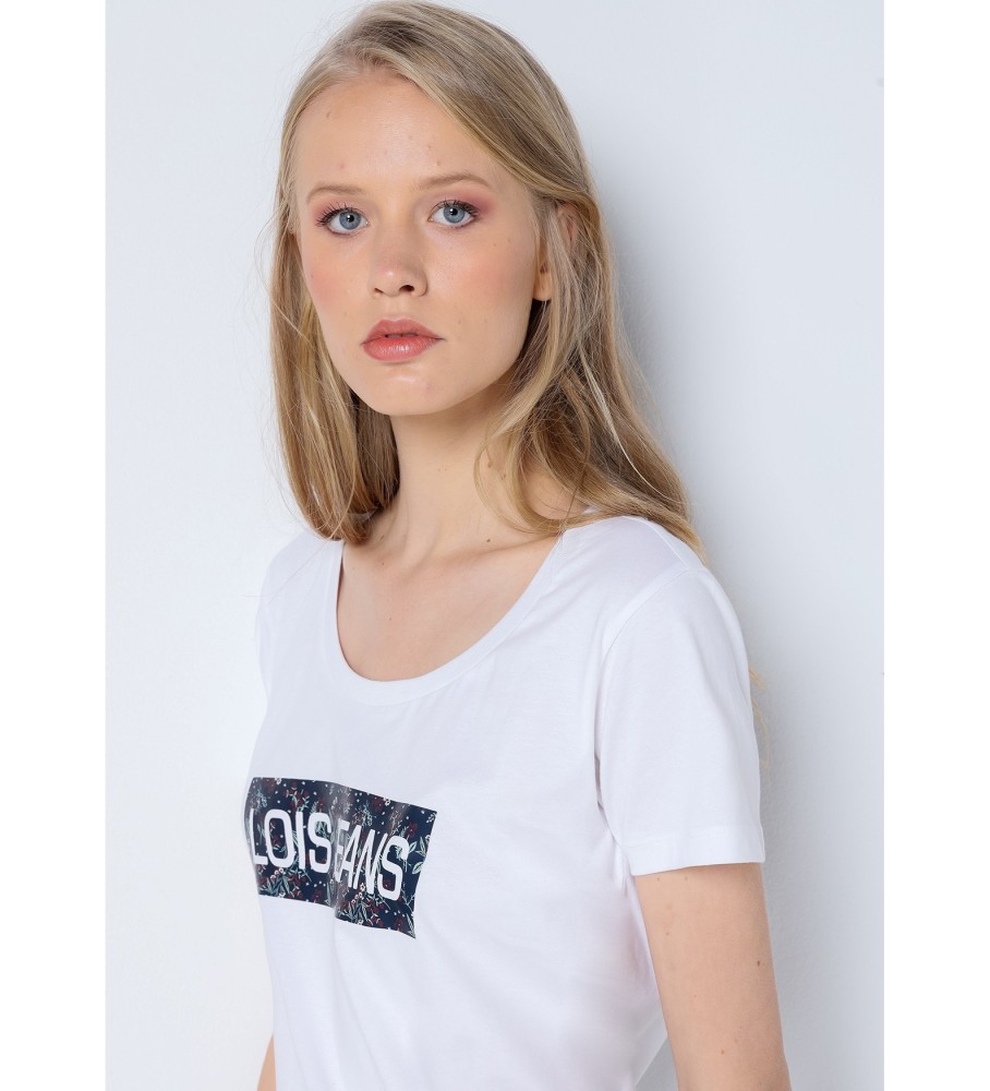 Camiseta Lois de manga curta com estampa floral e logo, branca.