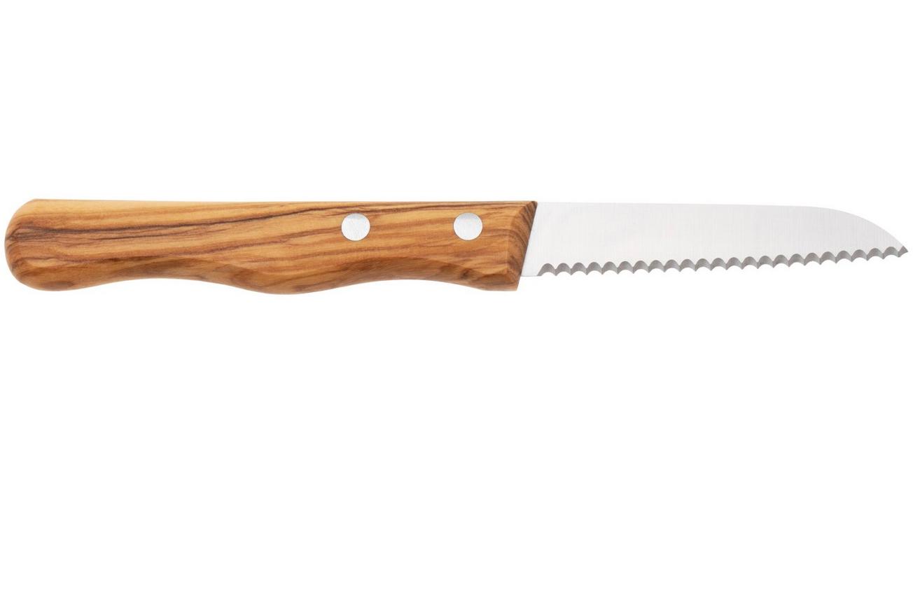 Knivesandtools Traditional Serrated Paring Knife, roestvast staal, olijfhout, gekarteld universeelmes