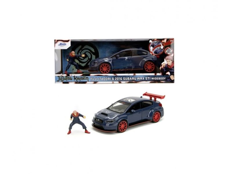 Jada Toys Rennwagen Jujutsu Kaisen 2016 Subaru WRX STI 1:24 Set aus Actionfigur und Spielzeug-Auto für Manga- und Anime-Fans