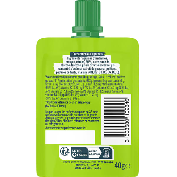 Gels énergétiques ANDROS GEL BOOST COUP DE FOUET AGRUMES GUARANA 40G