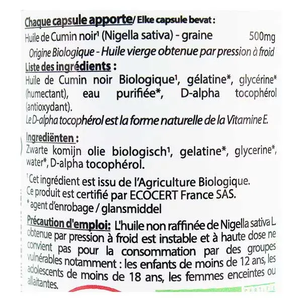 Óleo de Cominho Preto Orgânico Vit'all+ 500mg 60 cápsulas