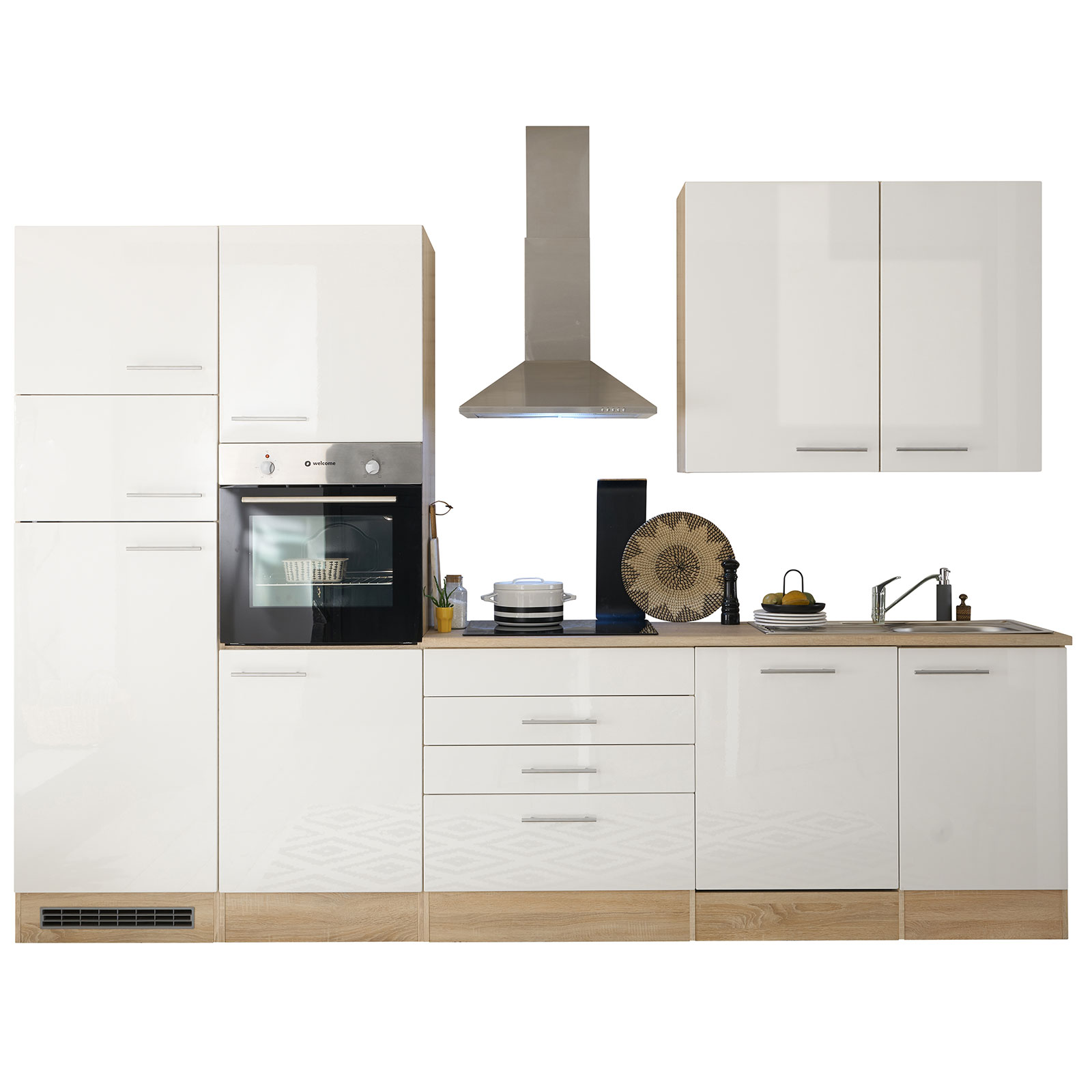 Küchenblock - weiß Hochglanz - Sonoma Eiche - mit E-Geräten - 310 cm