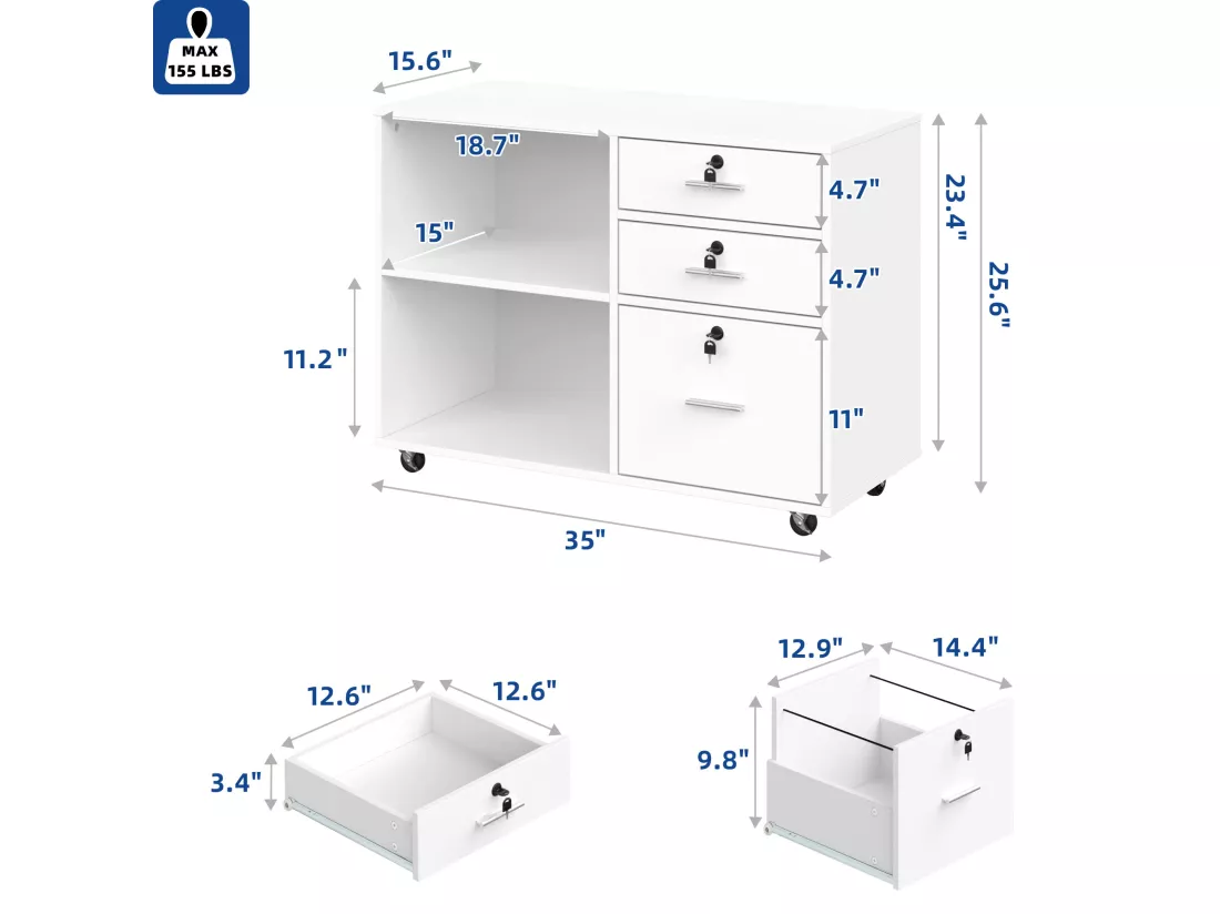 YITAHOME Meuble de Bureau à Roulettes en Bois, Armoire Verrouillable avec 3 Tiroirs et 2 Compartiments Ouverts, Blanc