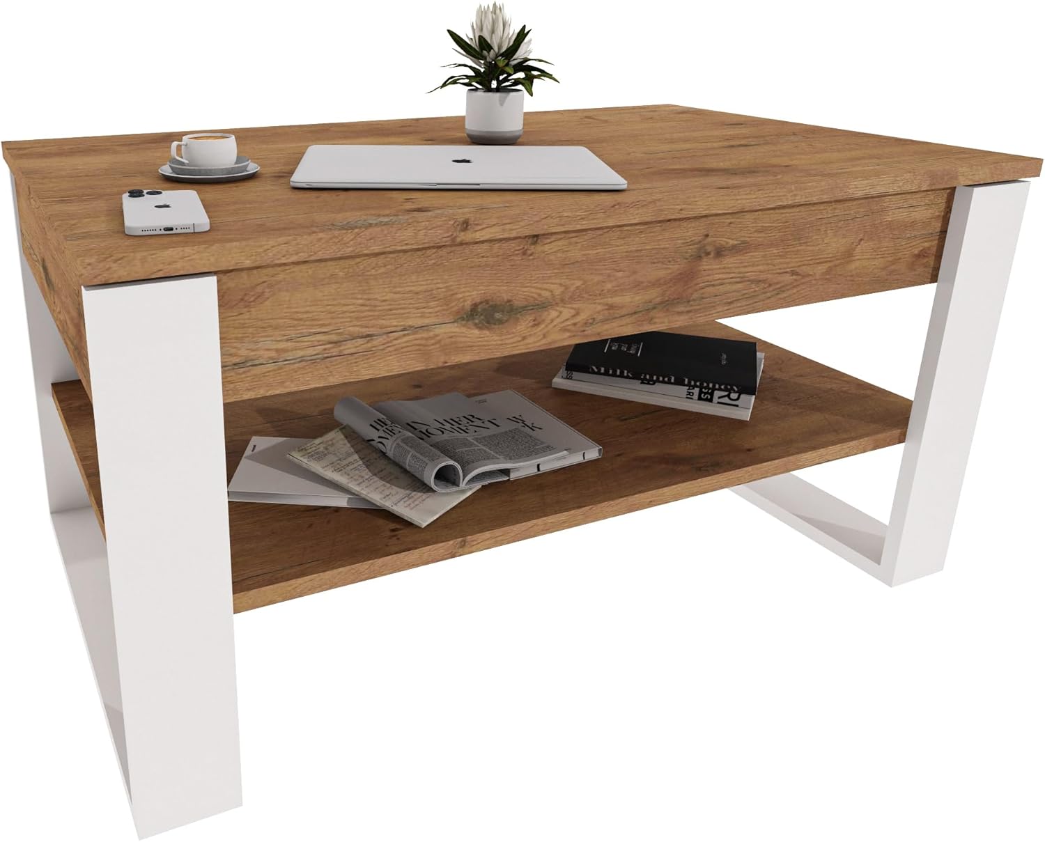 Couchtisch mit anhebbarer Platte | Höhenverstellbarer Wohnzimmertisch mit Stauraum | Sofatisch Eiche Lancelot Weiß modern mit Ablage & verstecktem Fach – Coffee Table für Wohnzimmer & Büro