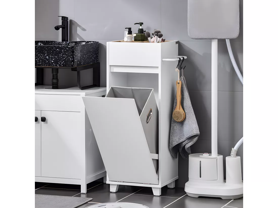 SoBuy Armoire à Linge Meuble Bas de Salle de Bain Corbeille à Linge Meuble de Rangement avec 4 Petits Compartiments Ouverts et 1 Panier à Linge Amovible, Blanc, 35x30x90 cm, BZR159-W