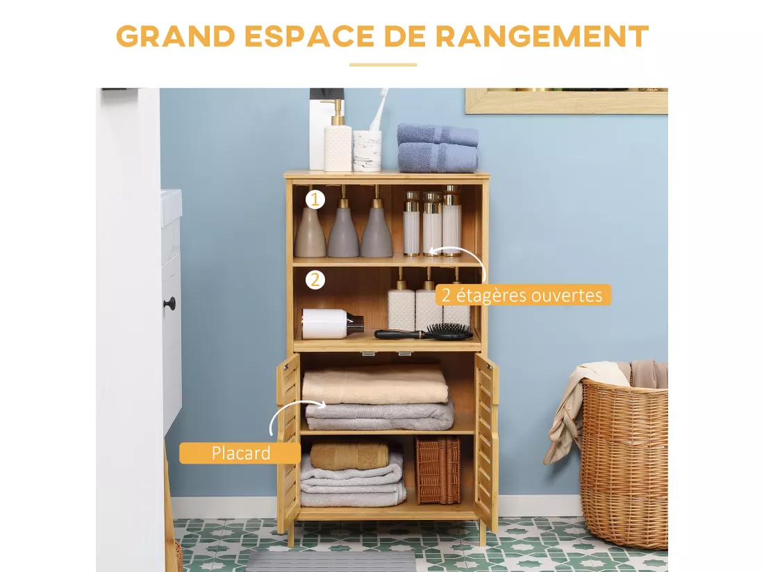 Meuble rangement bas salle de bain bambou style naturel 2 portes avec étagère 2 niches bambou