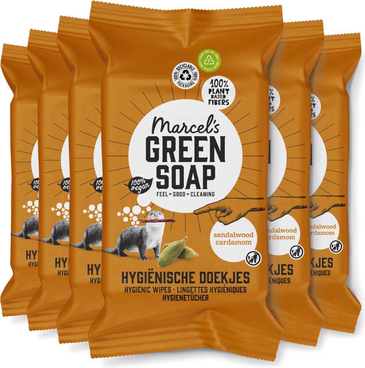 6x Marcel’s Green Soap cleansing wipes sandelhout & kardemom (60 stuks)