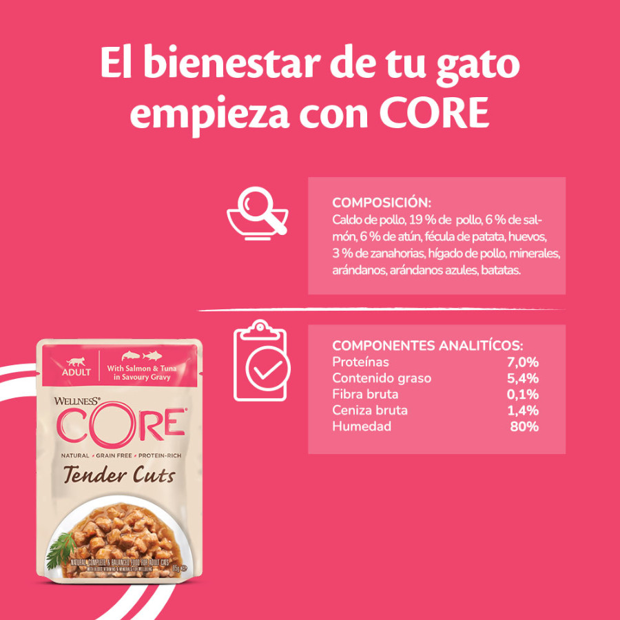 Sachê de 85g de Wellness Core Tender Cuts com salmão e atum em molho para gatos