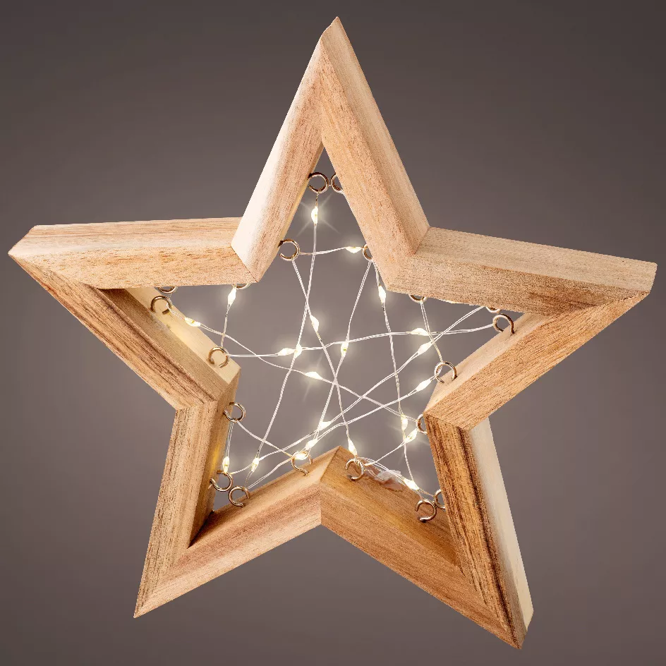 Étoile lumineuse à piles 23 LED (H24 cm) Astre en bois Blanc chaud