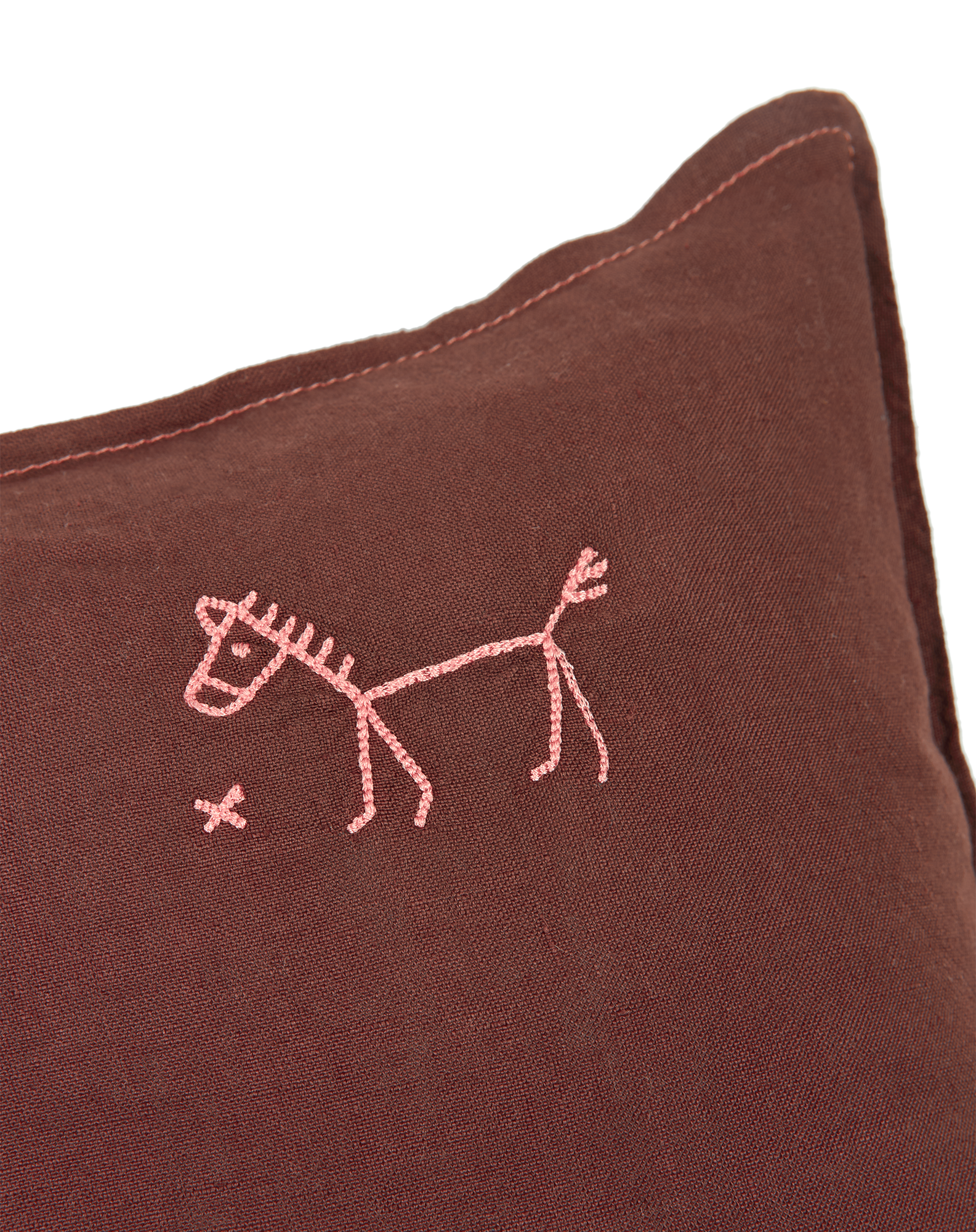 Coussin carré brodé l1n0 en lin français lavé | Marron