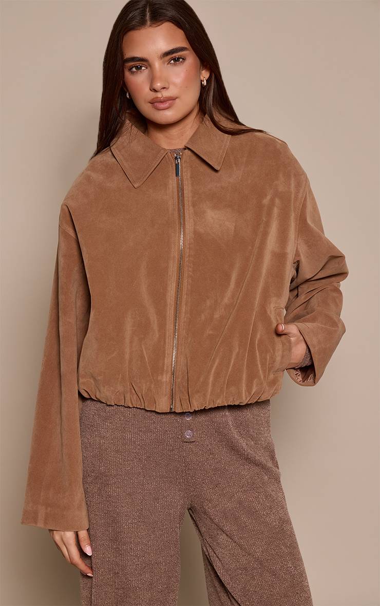 Marron Veste En Daim Zippée À Ourlet Froncé