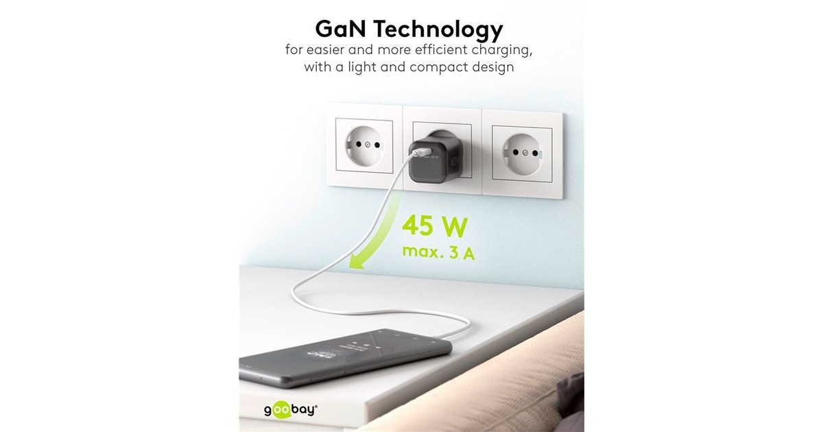 goobayUSB-C PD GaN snellader Nano (45 W)   (Zwart, 1x USB-C, Power Delivery 3.0)