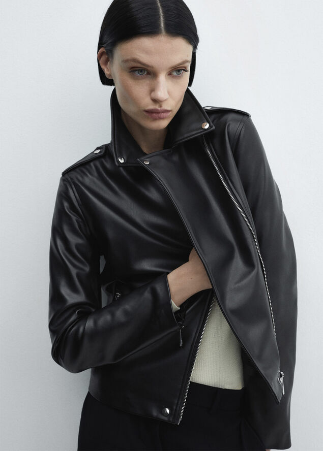 MANGO Faux-leather biker jacket Black