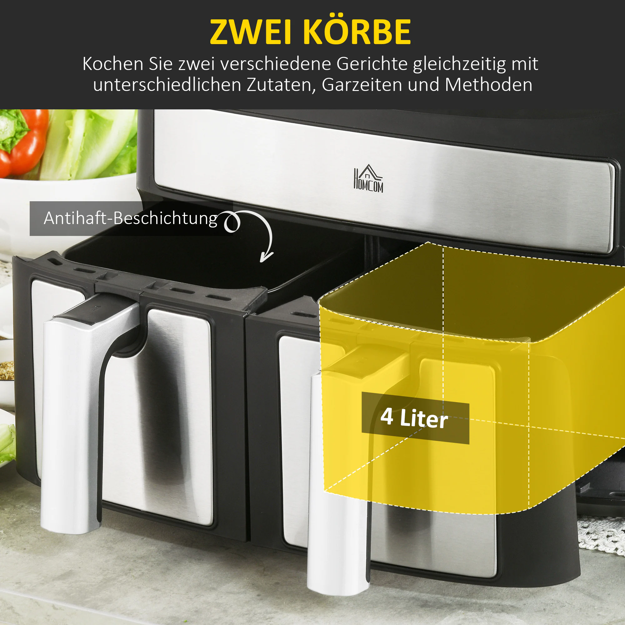 HOMCOM Heißluftfritteuse mit 2 Körbe schwarz 38,8L x 36,3B x 31,1H cm