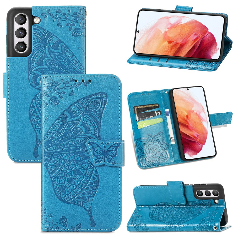 Samsung Galaxy S21 FE 5G Leder Tasche mit Kartenfach   Handschlaufe Schmetterling - Blau