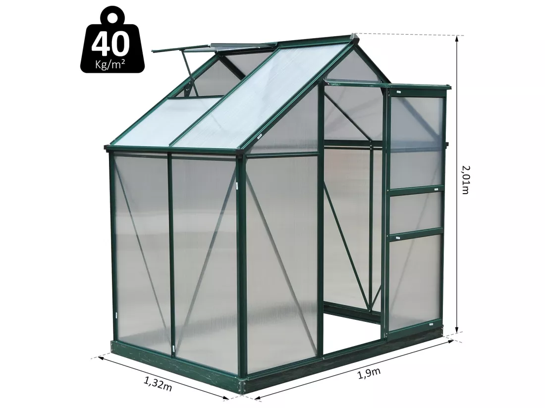 Serre de jardin aluminium polycarbonate 2,51 m² dim. 1,9L x 1,32l x 2,01H m lucarne, porte coulissante + fondation incluse alu. vert polycarbonate transparent