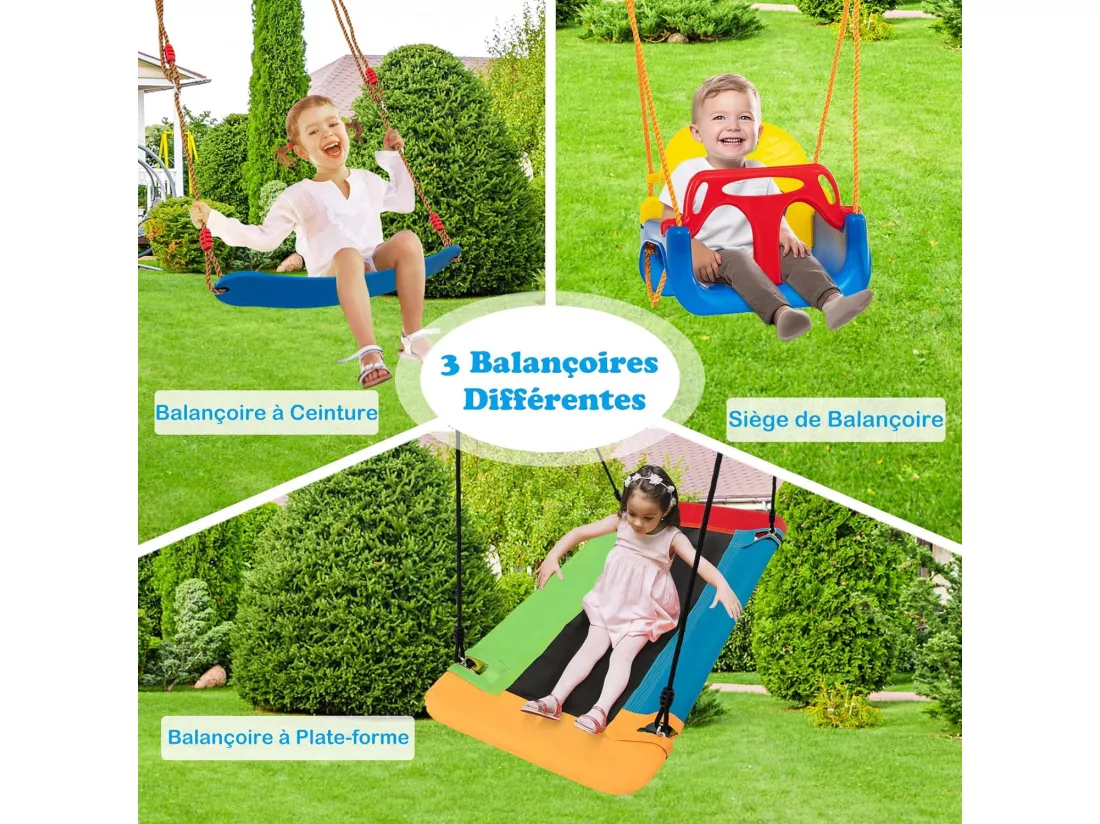 3 en 1 Balançoire Enfants Extérieur en Métal avec Siège Convertible, Balançoire en U & Balançoire Rectangulaire avec Cordes Réglables, Charge 300kg pour Enfants de 3-10 Ans…