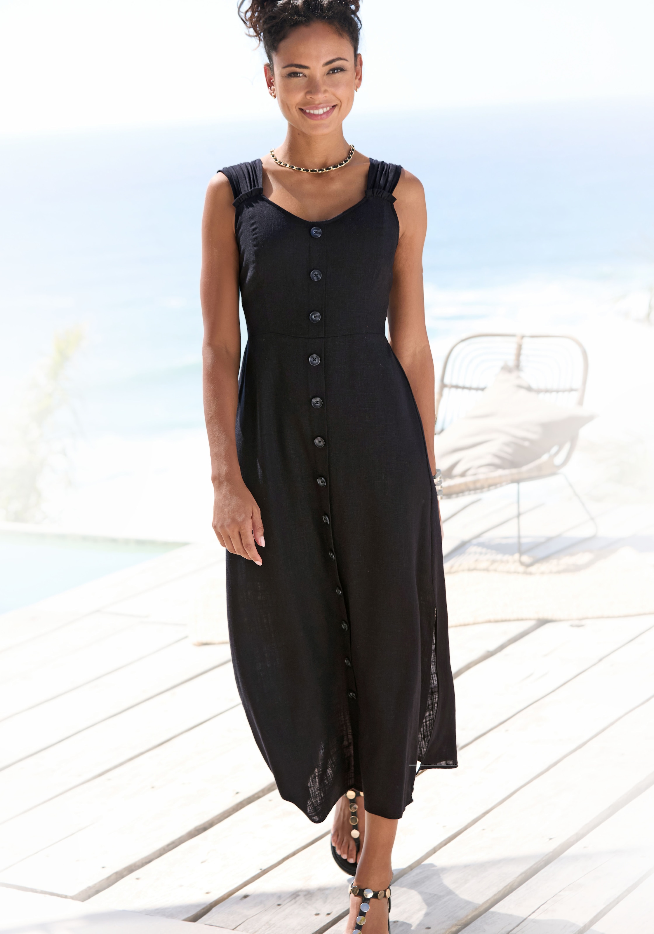 LASCANA Maxikleid mit breiten Trägern aus Webware in Leinenoptik, sommerlich
