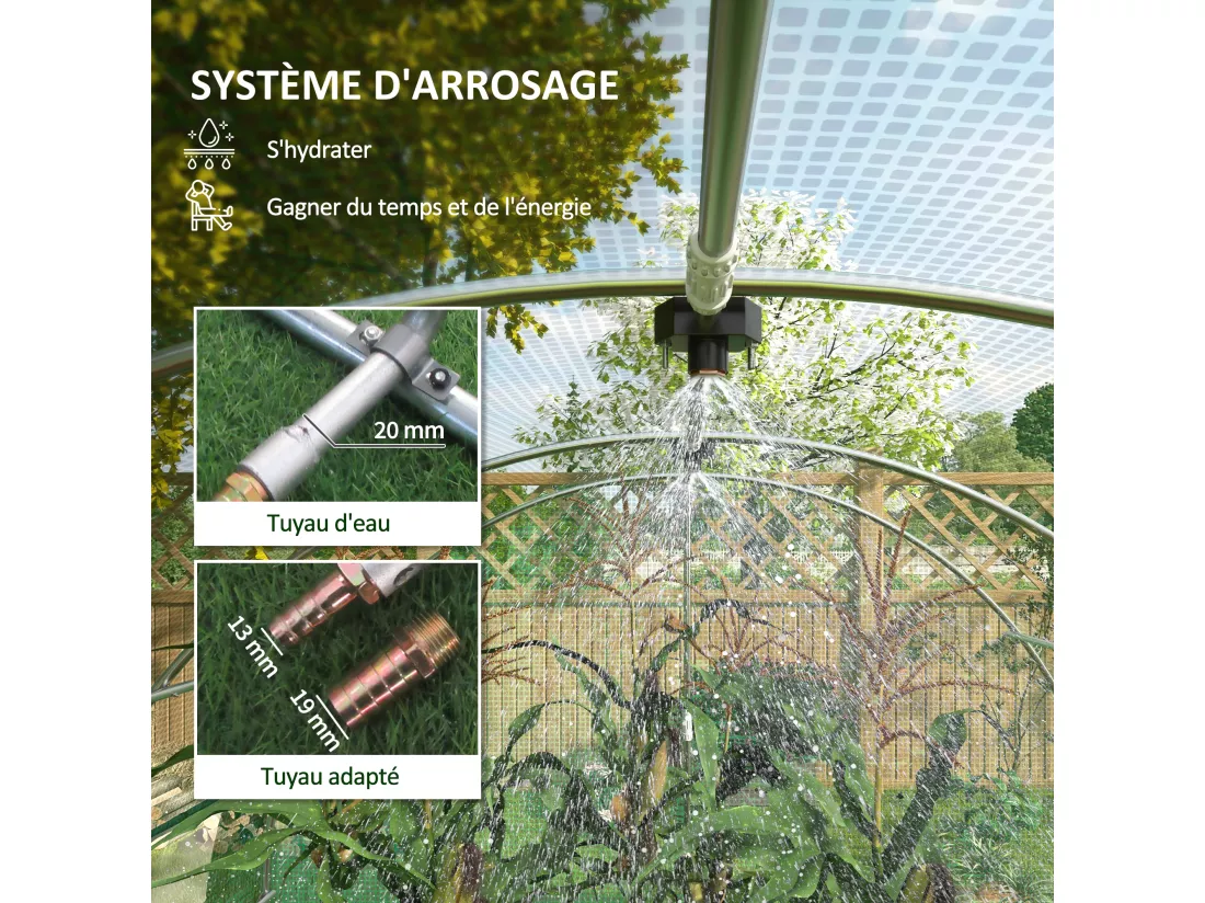 Serre de jardin tunnel 18 m² système d'arrosage intégré acier renforcé PE haute densité vert